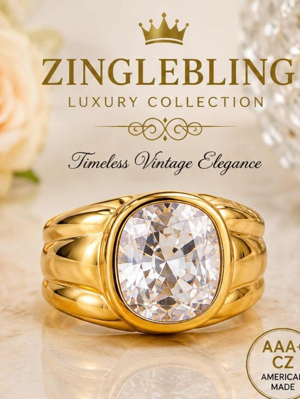 Vintage 1993 AAA+ CZ 18K Gold Plated Statement Ring NOS Size 8.5
